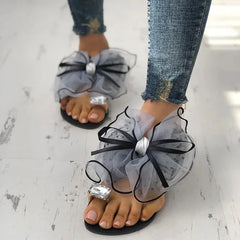 Diamante Oversized Organza Bow Open Toe Flat Sandals