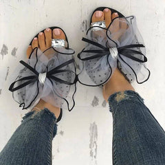 Diamante Oversized Organza Bow Open Toe Flat Sandals