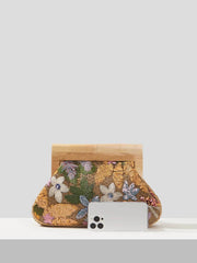 Wood Handle Floral Knit Sequin Clutch Bag