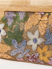 Wood Handle Floral Knit Sequin Clutch Bag