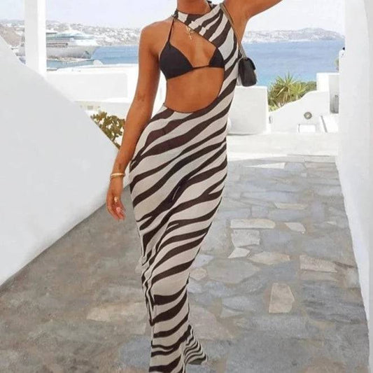 Irregular Cut Out Sheer Zebra Print Maxi Beach Dress