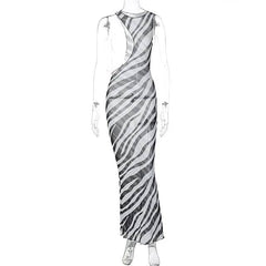 Irregular Cut Out Sheer Zebra Print Maxi Beach Dress