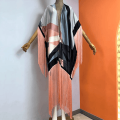 Neon Geometrical Print Max Fringe Kimono Style Beach Cover Up