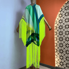 Neon Geometrical Print Max Fringe Kimono Style Beach Cover Up