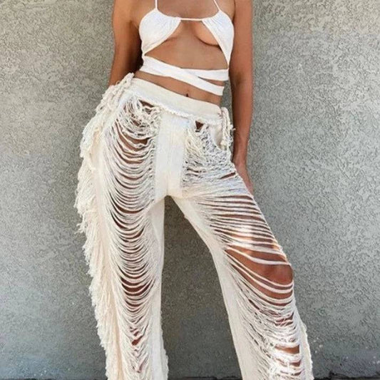 Ombre Frayed Cut Out Tassel Beach Pants