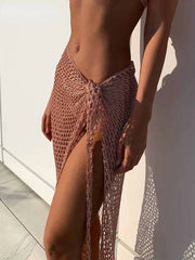 Crochet Woven Mesh Tie Front Maxi Beach Skirt