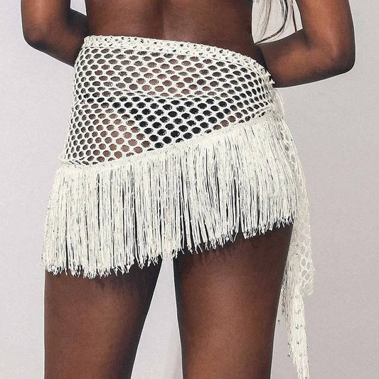Knit Tassel Side Tie Sequin Fringe Beach Mini Skirt