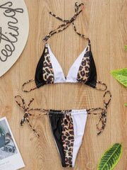 Colorblock and Leopard Print Side Tie Micro String Bikini