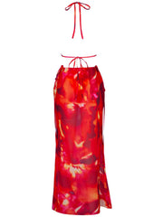 Red and Yellow Abstract Print Bikini and Maxi Beach Skirt Set