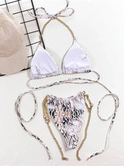White Metallic Snake Print Gold Chain Strap String Bikini