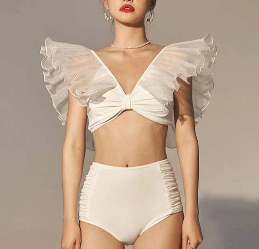 White Exaggerated Ruffle Shoulder Bikini With High Waisted Ruched Bottoms