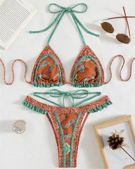 Vintage Print Cut Out Ruffle Hem High Waist String Bikini