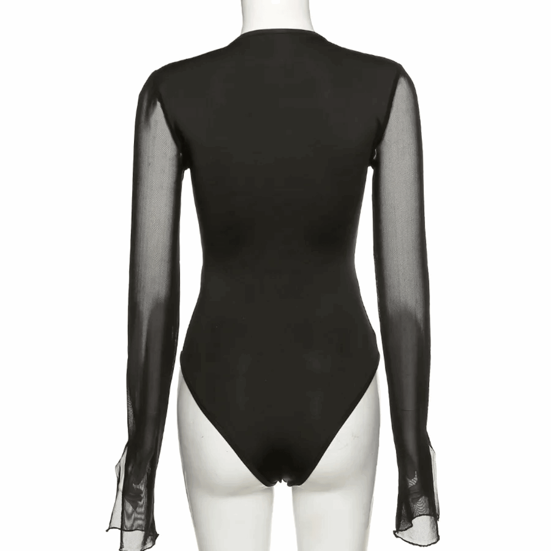 Cut Out Strappy Plunging Asymmetrical Sheer Sleeve Bodysuit