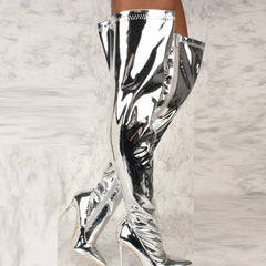 Metallic Patent Vegan Leather Over The Knee Pointy Toe Boots