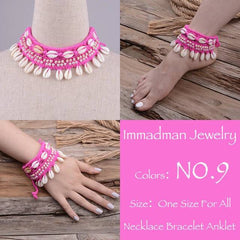 Crochet Cowrie Shell and Bead Bracelet, Necklace and Anklet Set