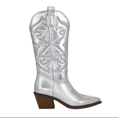 Metallic Vegan Leather Mid Calf Pointy Toe Cowgirl Boots