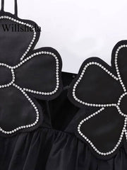 Black Diamante Floral Applique Backless Crop Top