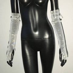 Diamante Sparkle Sheer Fingerless Gloves With Thumb Hole