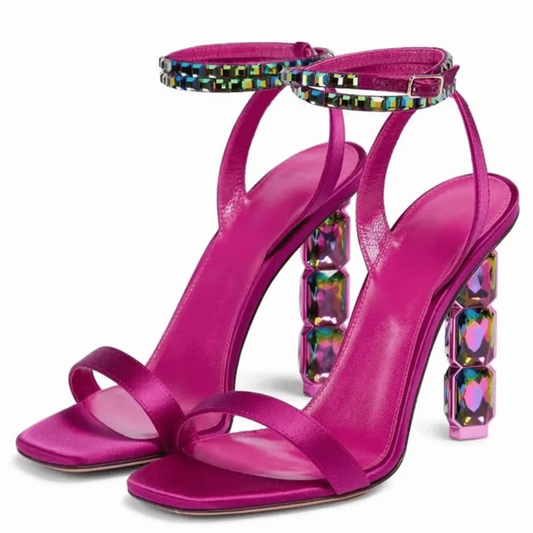 Crystal Jewel Embellished Satin Ankle Strap Open Toe Sandals