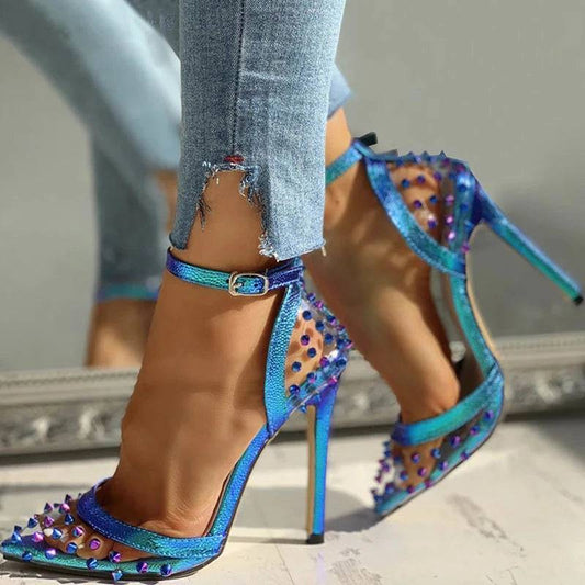 Blue and Green Metallic Rivet and PVC Stiletto Ankle Strap Pumps