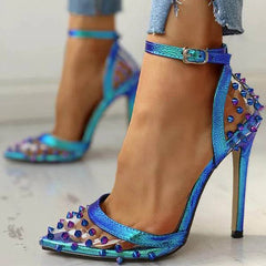 Blue and Green Metallic Rivet and PVC Stiletto Ankle Strap Pumps