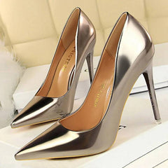 Metallic Sky High Pointy Toe Patent Pumps