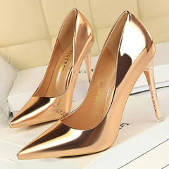 Metallic Sky High Pointy Toe Patent Pumps