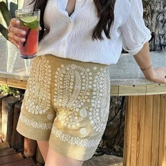 Cotton Mandala Floral Embroidered Tailored High Waisted Shorts