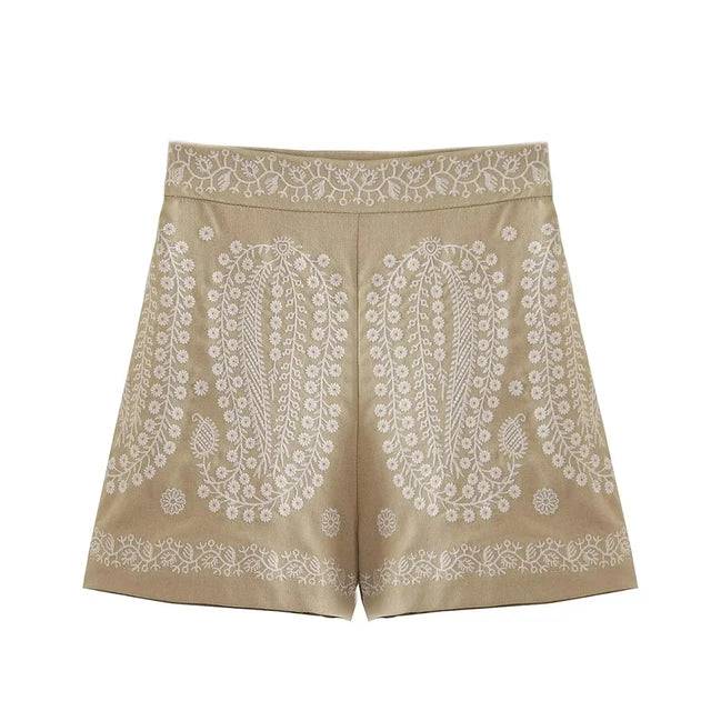 Cotton Mandala Floral Embroidered Tailored High Waisted Shorts