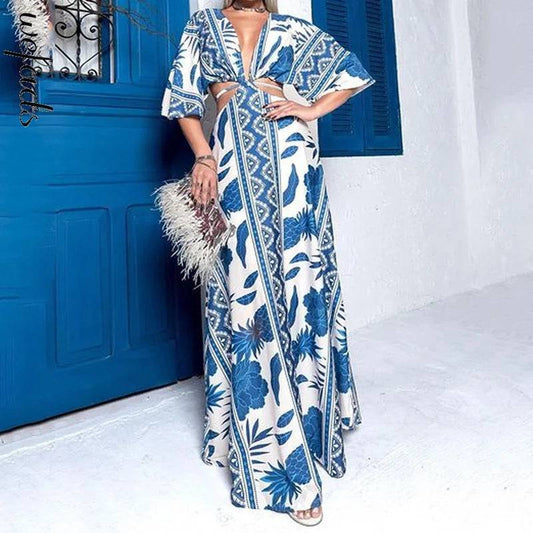 Tropical Print Plunging Cut Out Maxi Dress