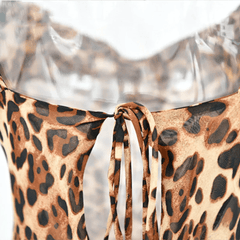 Leopard Print Cowl Neck Semi Sheer Open Back Maxi Dress