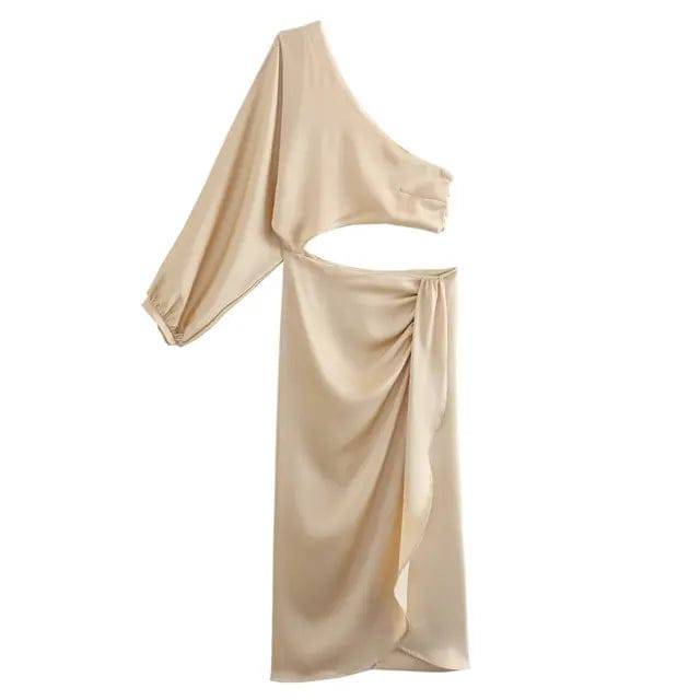 Satin Cut Out Asymmetrical Neck Single Sleeve Midi Dress