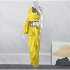 Satin Cut Out Asymmetrical Neck Single Sleeve Midi Dress