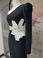Flower Detail Single Arm Asymmetrical Long Sleeve Midi Dress