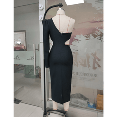 Flower Detail Single Arm Asymmetrical Long Sleeve Midi Dress