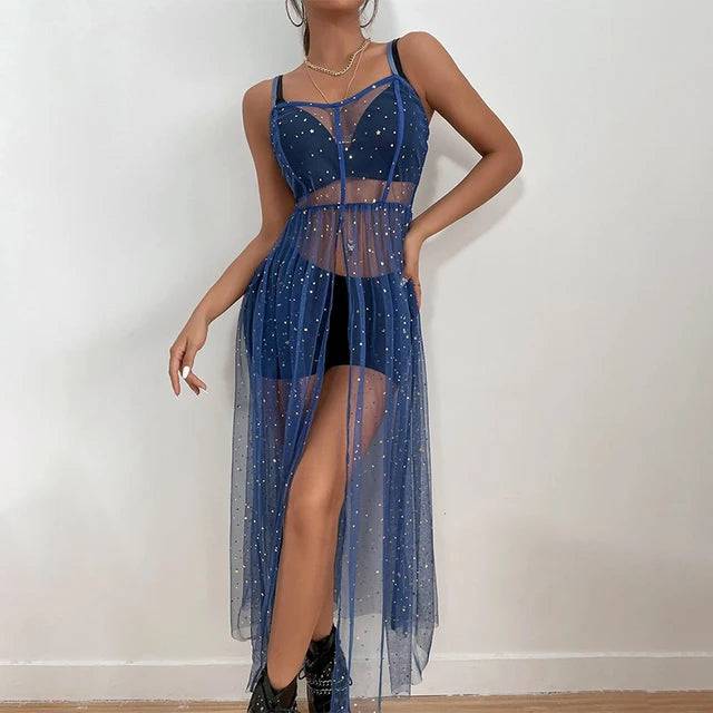 Sheer Sequin Sparkle Tulle Empire Waist Midi Dress
