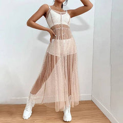 Sheer Sequin Sparkle Tulle Empire Waist Midi Dress