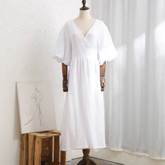 Silk Crepe De Chine Plunging Neck Bubble Sleeve Wrap Midi Dress