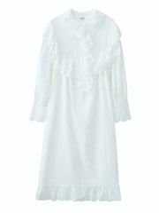 Ruffle Hem Eyelet Lace Cotton Oversized Midi Dress