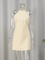 Cotton and Linen Backless Halter Mini Shift Dress