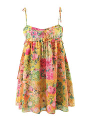 Chiffon Multicolor Floral Print Shoulder Tie Mini Dress