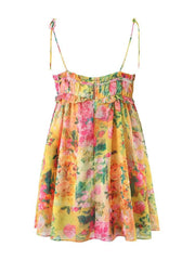 Chiffon Multicolor Floral Print Shoulder Tie Mini Dress