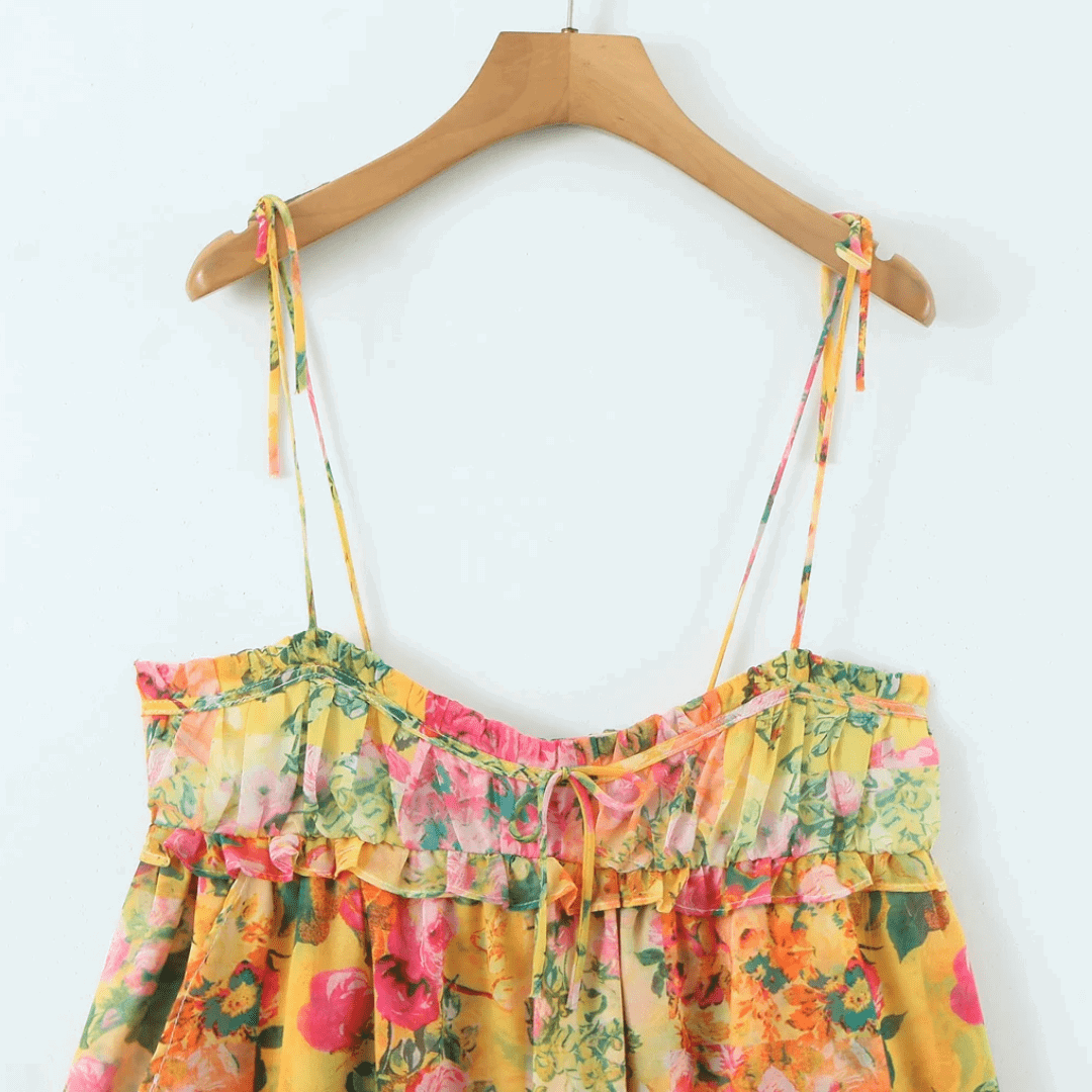Chiffon Multicolor Floral Print Empire Waist Shoulder Tie Mini Dress