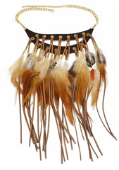 Boho Vegan Leather Suede Feather Tassel Choker Necklace