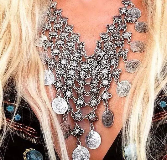 Boho Style Vintage Chain and Coin Statement Necklace