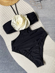 Black Flower Applique Cut Out Halter Tie High Waisted One Piece Swimsuit