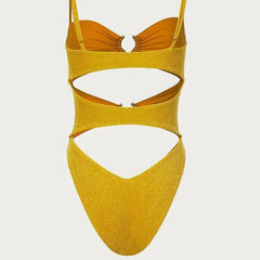 Mustard Yellow Glitter Fabric High Cut One Piece Swimsuit