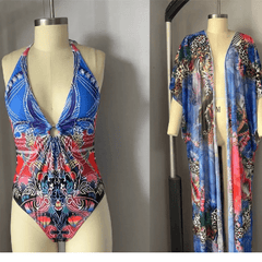Blue Mandala Print One Piece Bathing Suit and Kimono Style Beach Cover Up