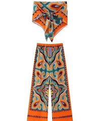 Flowy Printed Drawstring Wide Leg Pants and Bandana Style Bandeau Top