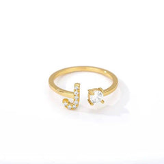 Diamante Monogram Adjustable Gold Alphabet Ring Stainless Steel